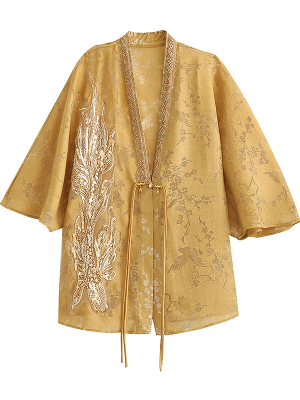 Nowy damski luźny kardigan typu nietoperz z wycięciami, stylizowany na chińskie moda, modny, otwarty, letni, na lato, odzież wierzchnia, 2025