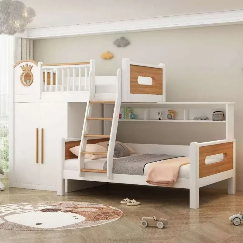 Solid wood upper and lower dislocation type children's bunk bed staggered small apartment combination child and mother bed