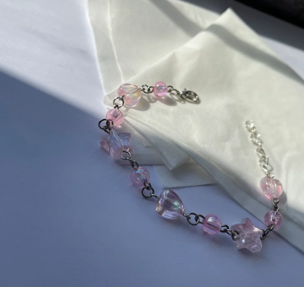 Handmade Cluttered Pink Charm Bead Adjustable Bracelet