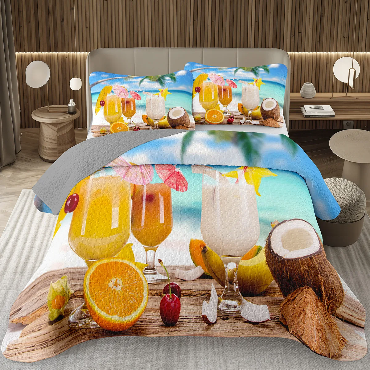 

Fruit Juice Bedspread Summer Tropical Fruit Coconut Coverlet Queen Twin for Boys Girls Room,Hawaiian Holiday Quilted Bedding Set