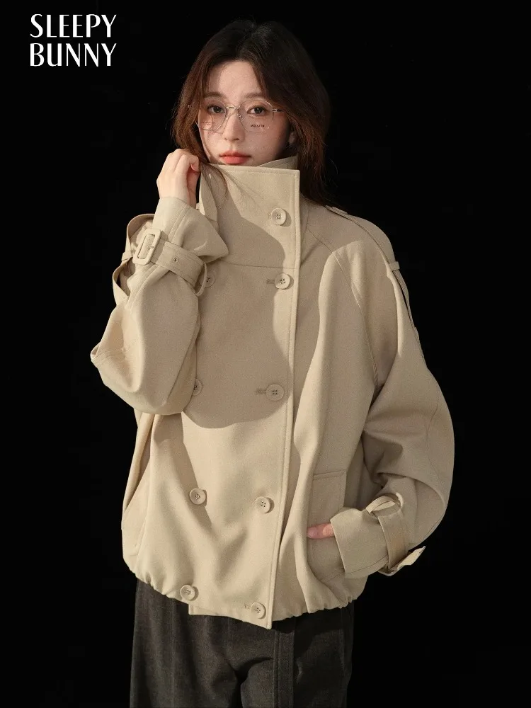 

Elegant Chic Double-Breasted Trench Coat Women Loose Fit Lapel Outerwear Autumn Long Sleeve Raglan Jacket for Office Casual Look