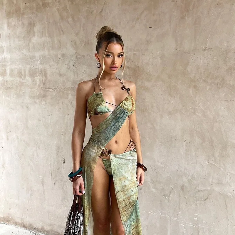 여성 섹시한 나이트 클럽 긴 얇은 쉬어 드레스 여성 홀터넥 할로우 스플릿 타이 염색 파티 저녁 연회 날짜 긴 수석 드레스