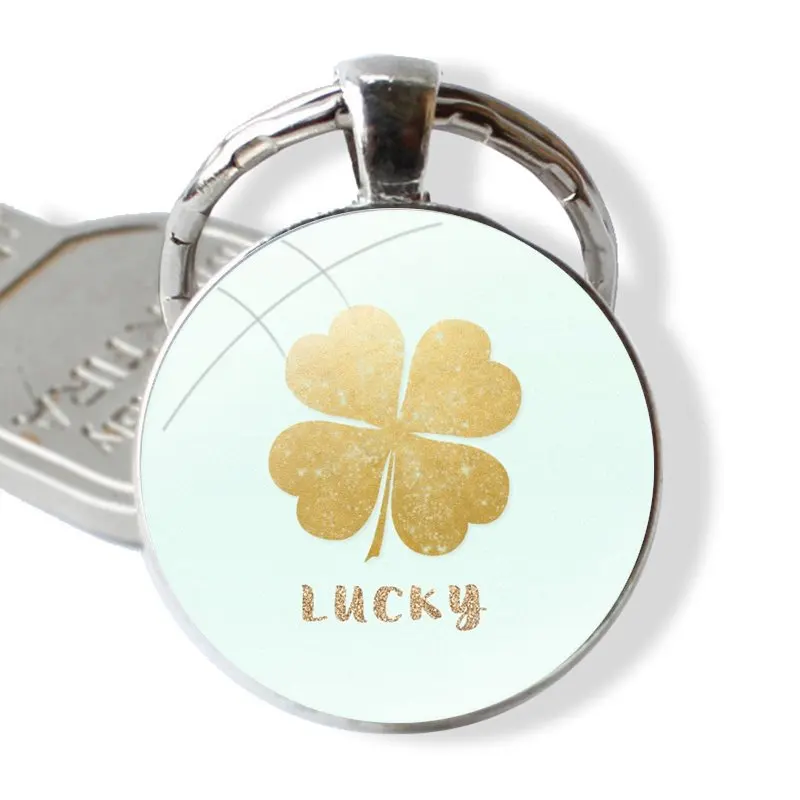 Four Feaf Clover Lucky Keychain Handmade Glass Cabochon Key Ring Holder Pendant Key Chains