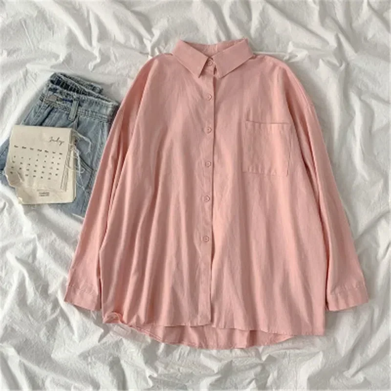 Blus kerah Turn-Down Fashion Korea, baju atasan lengan panjang longgar warna polos gaya Preppy musim gugur baru 30269