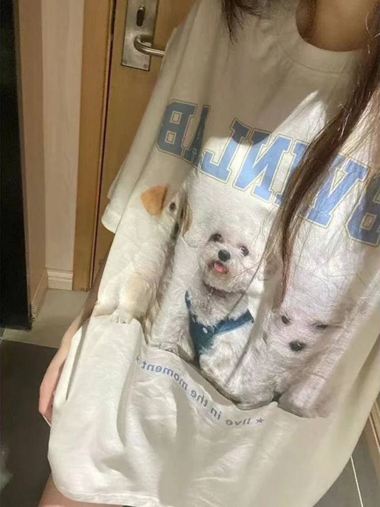 

Корейский бренд Y2K футболки с милым щенком и значком, топы, летние футболки большого размера с короткими рукавами, милая женская одежда Kpop для молодых девушек