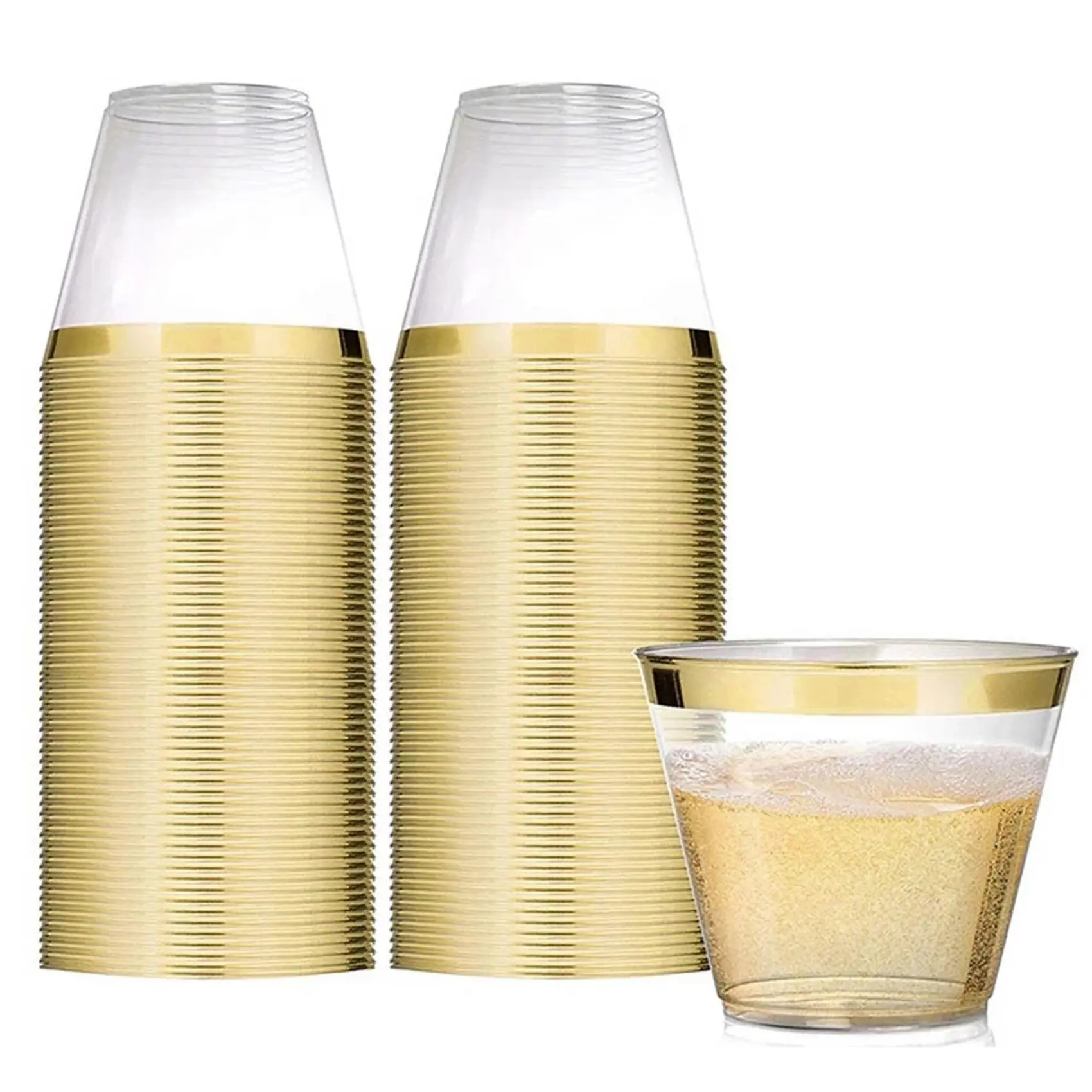 

Plastic Cup 9 Oz Hard Disposable Cup Plastic Wine Glass Party Wedding Wine Glass Transparent Plastic Cup -Gold Rim