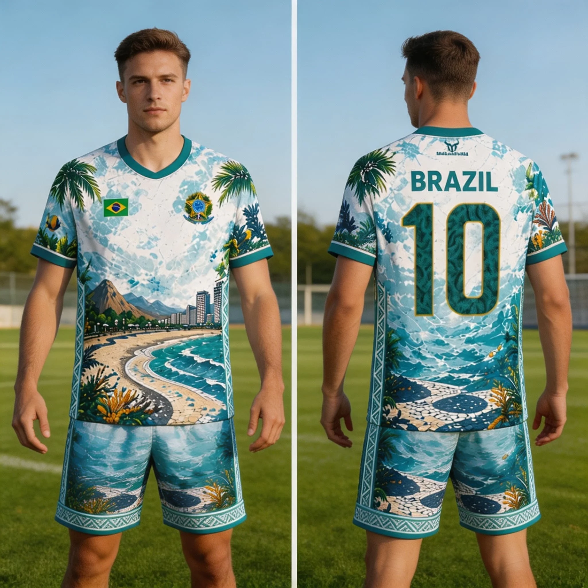 Brazil Style Flag Printed Jesus Graphic Football Women's Suit Tshirt Shorts Unisex Short Sleeve Quick Drying Men's T Shirt Set view 3