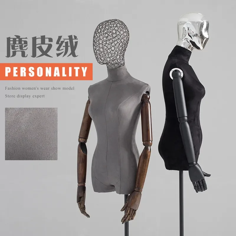 Korean Style Silver Hollow Half Body Mannequin Female Torso Display Stand Suede Cloth Wedding Shop Dress Form Prop No Head