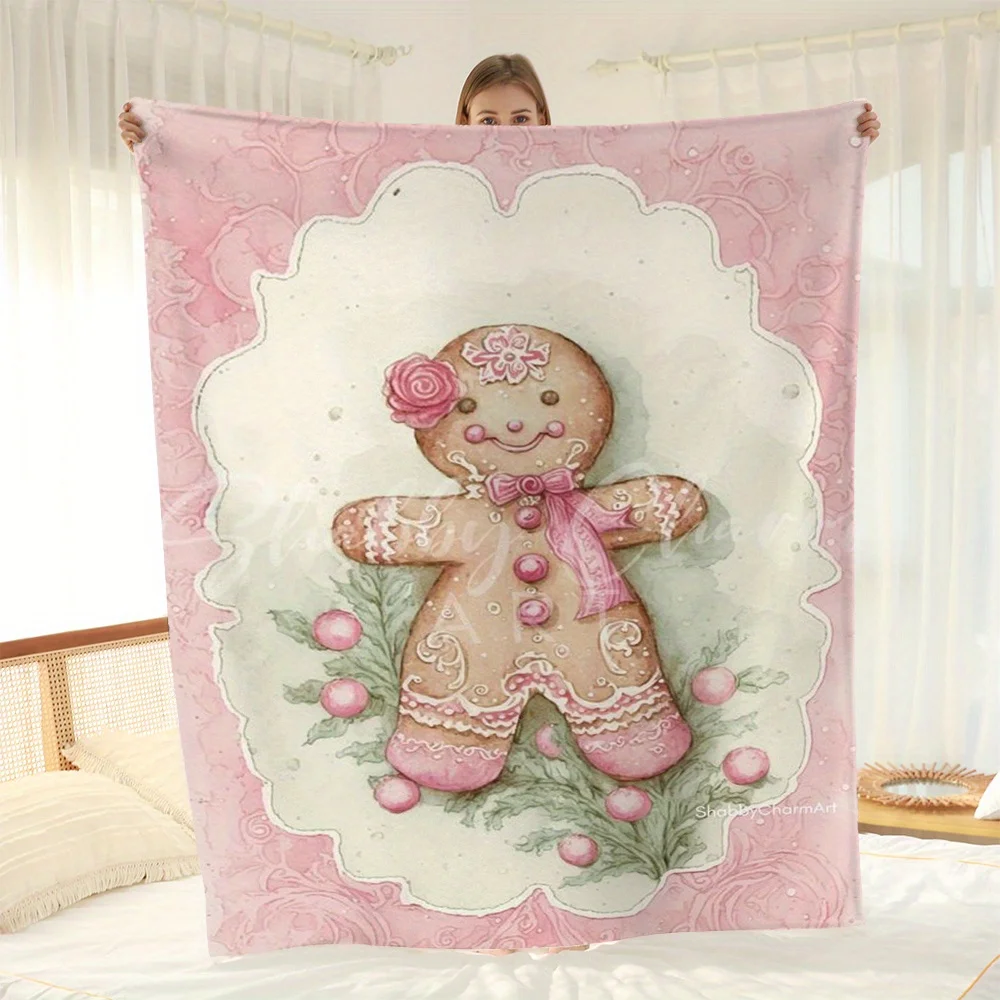 Christmas Pink Gingerbread for Man Cookie Winter Flannel Blanket, Digitally Printed Sofa Throw, Air Conditioning Blanket, Nap Bl