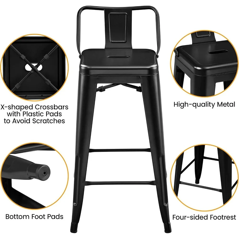 Metal Bar Stools Set para Cozinha, Balcão Altura, Counter Back, Indoor e Outdoor, Cadeiras de bar industriais, 26 in, conjunto de 4