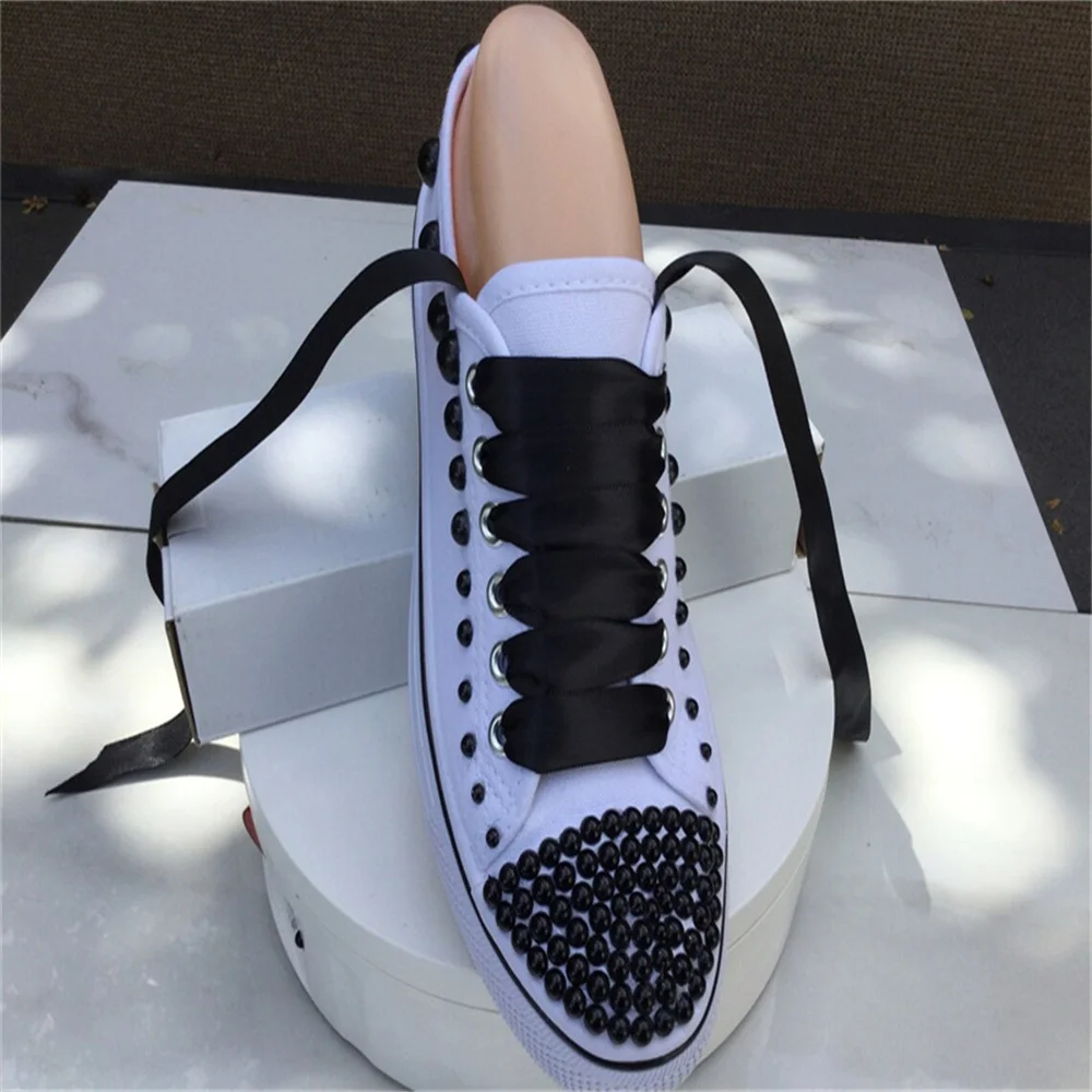 White low top black pearl ribbon custom style canvas shoes integrated sports casual shoes women\'s shoes 35-46