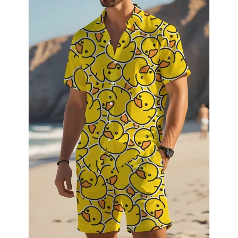 

Hawaii Shirt Set Mens Yellow Duck Print Fashion Pattern Summer Fashion Casual Daily Large Button Down Shirt Shorts 2 Piece Set