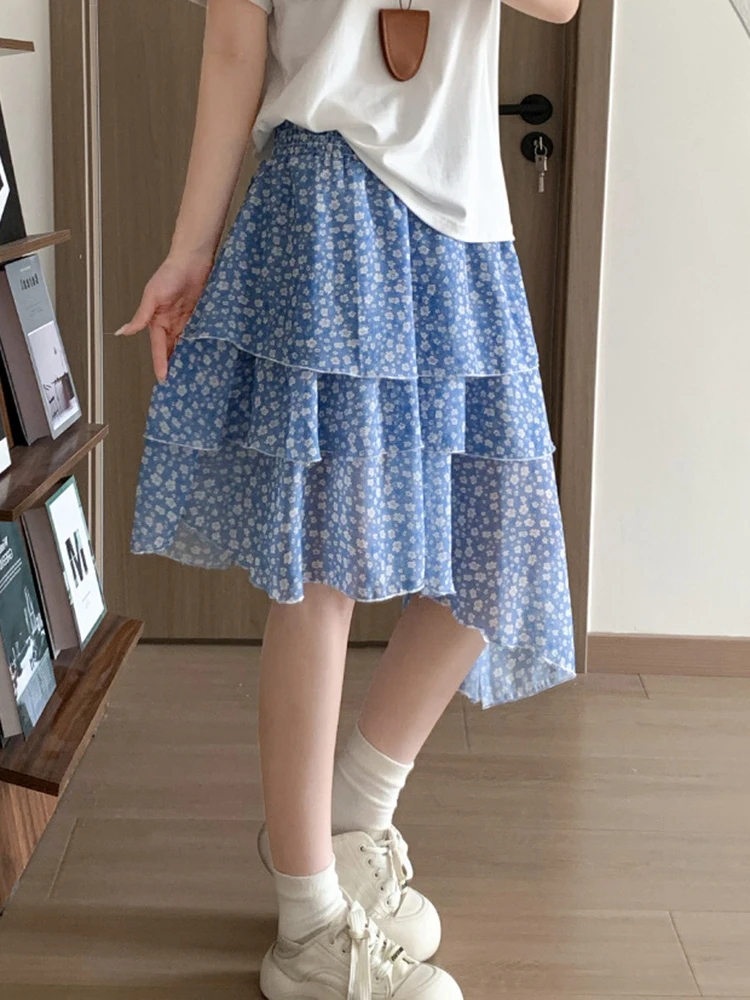 Blue Floral Cake Skirt Women Sweet Elegant Beach Midi Skirts Summer Fashion High Waist Korean Ocean Holiday Lady Irregular Skirt