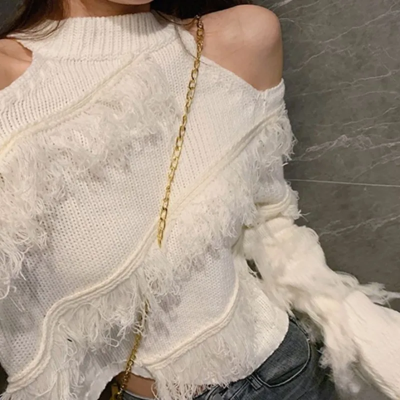 Off Shoulder Pullovers for Women All-match Solid Spring Autumn Clothing Fashion Ins High Street Knitted Soft Warm Popular Simple