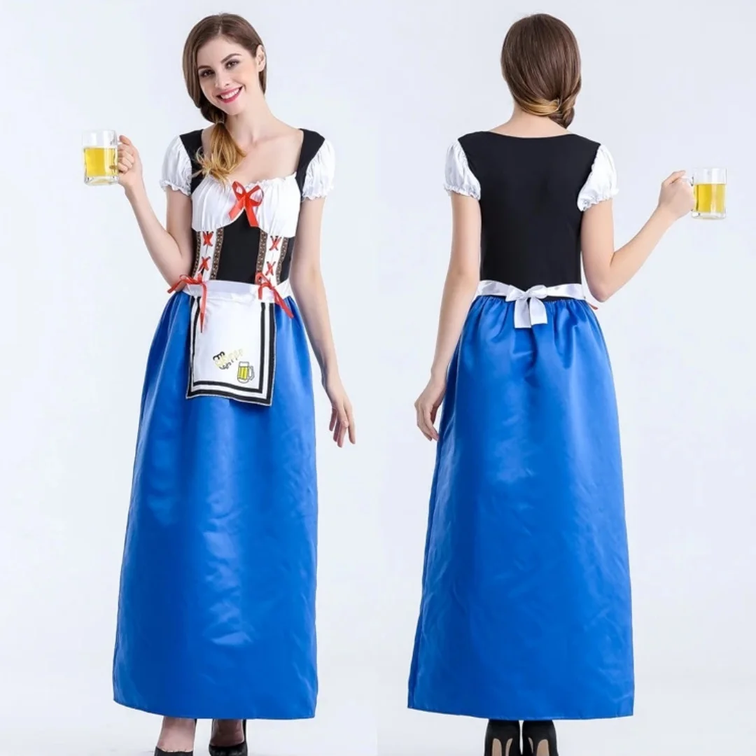 

Traditional Bavarian Dirndl Dress Costume - Beer Festival Outfit Blue and White with Black Corset
