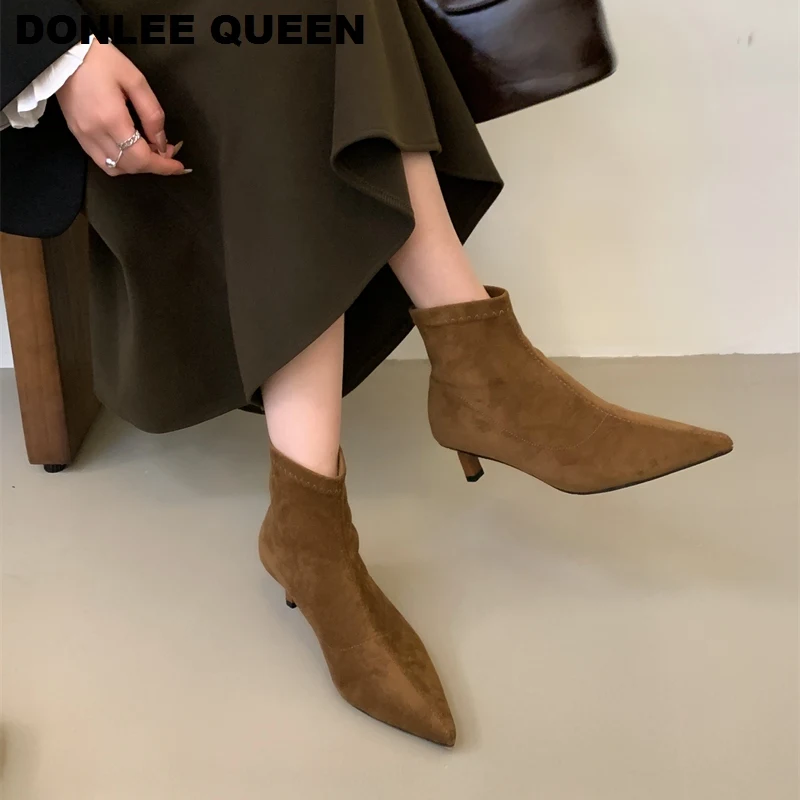 Stretch Boots Women Low Heel Pointy Shoes Women Pointed Toe Kitten Heels Short Booties European Chelsea Ankle Boot Zapatos Mujer