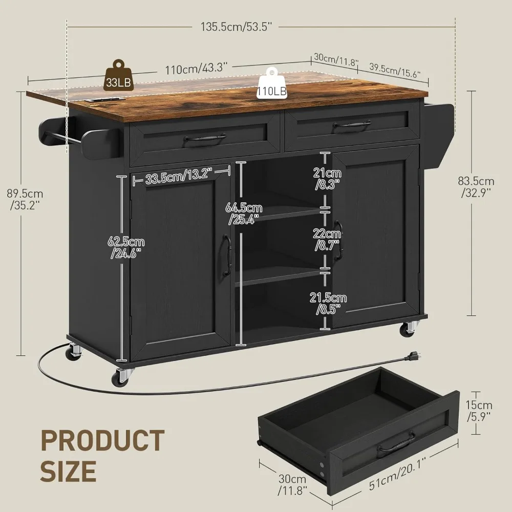 جزيرة المطبخ مع منافذ كهربائية وأوراق قطرة، عربة مطبخ مع مساحة تخزين، درج ورف توابل، رف برجي، طاولة جزيرة، أسود #3