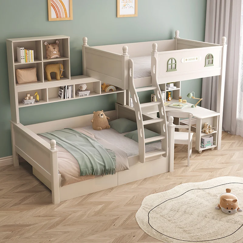 

Full solid wood split bed boys on and off bed tree house high guardrail
