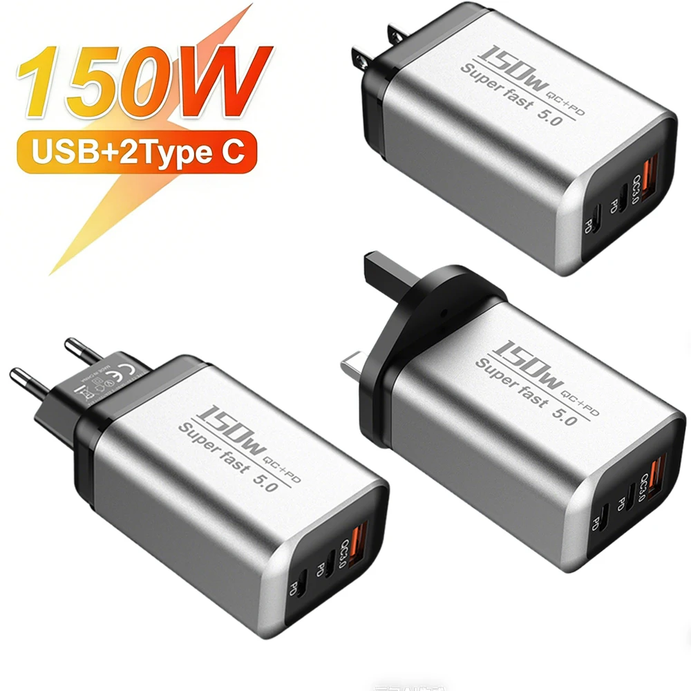 150W USB C Mobile Phone Charger Fast Charging QC 3.0 PD Travel Wall Adapter EU UK US Plug For iPhone 17 16 Samsung Xiaomi Huawei