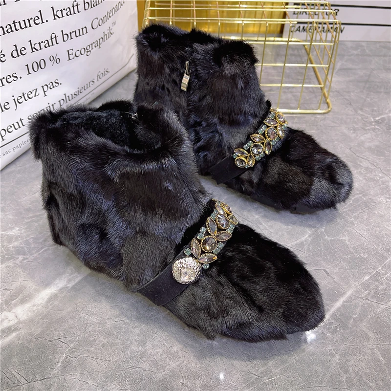 Black Women Furry Ankle Boots 2024 New Winter Warm Botas Femininas Mink Fur Snow Boot Flat Shoes Platform Creepers