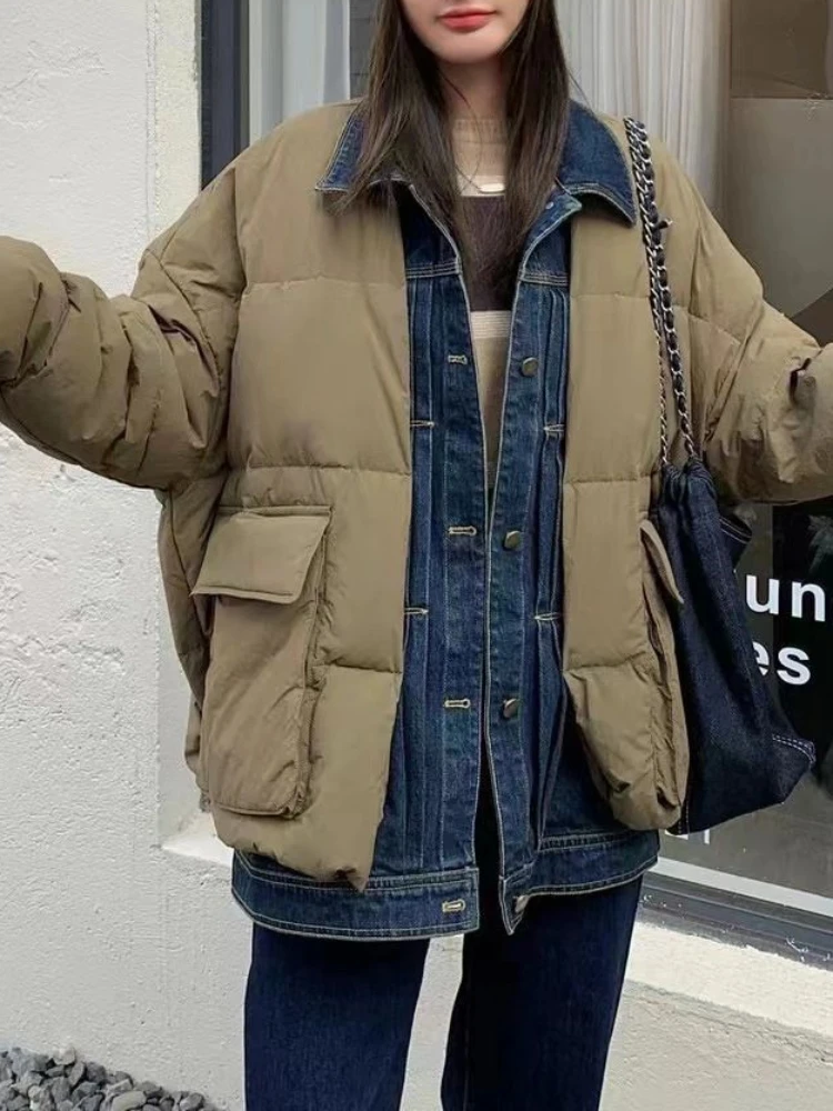 FTLZZ Autumn Winter Women Denim Patchwork Puffer Parka Outwear Casual Loose Lapel Single Breasted Jacket White Duck Down Coat