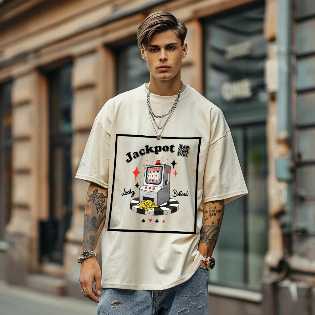 Jackpot Men's washed t-shirt Vintage Oversized Hip Hop  Color Contrast Round Neck Chic Tops Harajuku Pullover Clothes Unisex