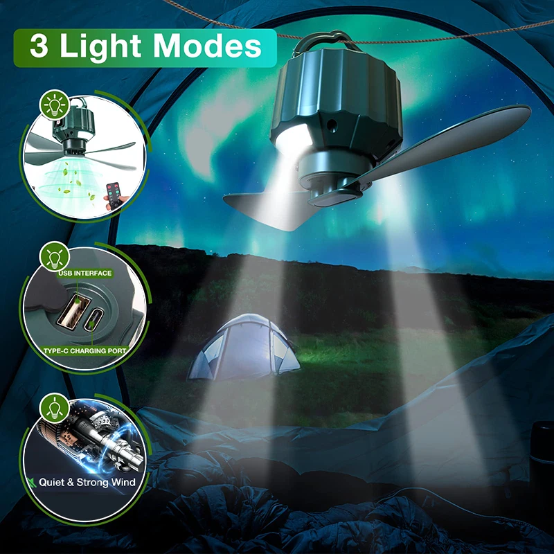 High Power Led Tent Ceiling Fans for Camping Portable Tent Fans Light and Remote Control Camping Fan with Hanging Hook for Tent