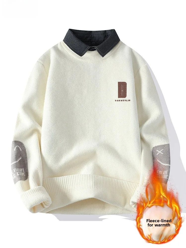 

Fce Lined Knitted Men's irt Collar Sweater Winter Warm Base Layer Loose Fit Casual Polyester Fiber Long Sve Thiened