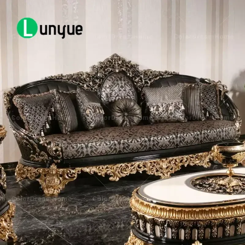 European Classic Luxury Living Room Sofa Set Antique Wood Frame Elegant Design Comfortable Seating for Home Decor