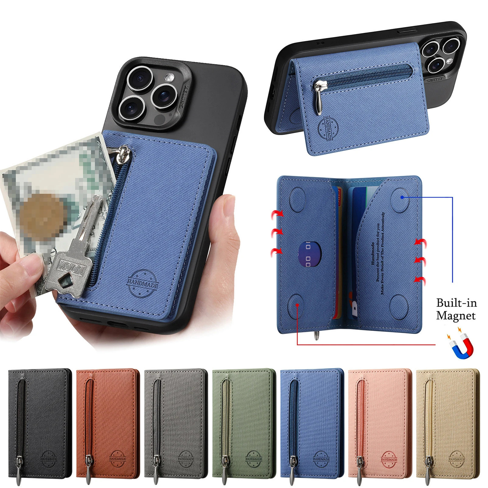 

Чехол для мобильного телефона, держатель для карт из искусственной кожи, задняя наклейка, сумка для карт, портативная подставка-кошелек на молнии для iPhone 16 Pro Max 15 14 13