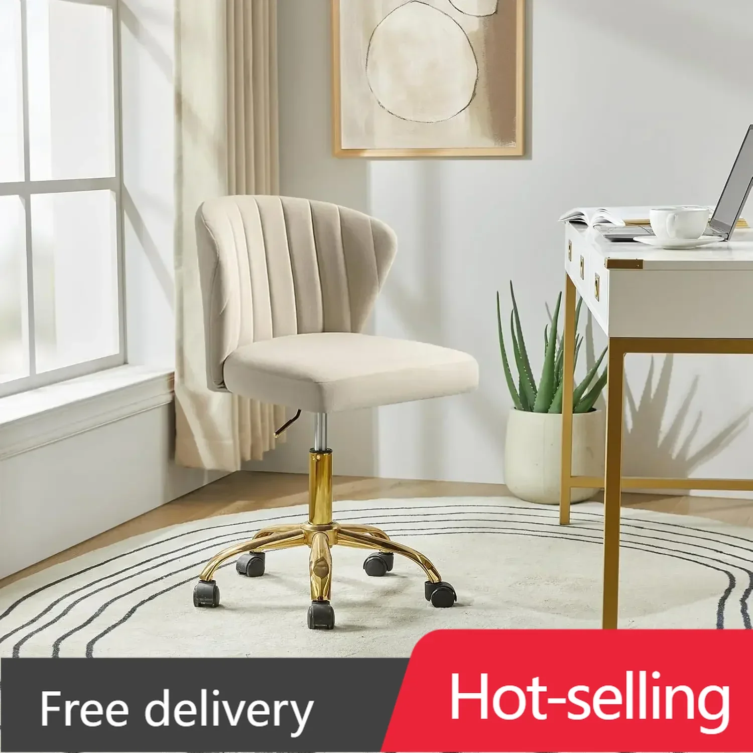 

Home Office Desk Chair with Gold Wheels,Small Cute Vanity Chair with Back for Bedroom, Adjustable Rolling Task Work Swivel Chair