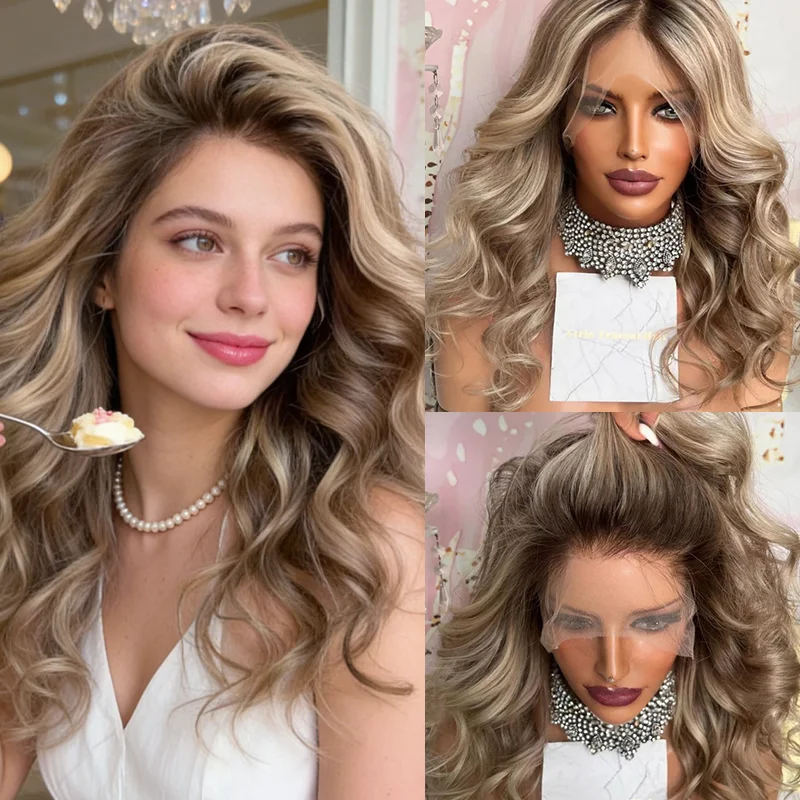 

2026 Party Wig Ombre Ash Blonde Long Loose Wavy Synthetic Wigs Cosplay Wig for Women High Temperature Natural Fake Hair 13x4