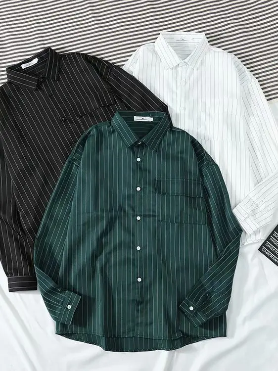 

Loose Men's Long Sve irt Vertical Stripes Spring Autumn Korean Sle Casual Inner Wear Outer Wear Couple's Faion