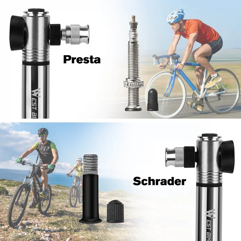 Oeste Biking-Bomba de Bicicleta Portátil, MTB Road Bike Air Inflator, Válvula Presta Schrader, Liga de alumínio, Mão, 300PSI