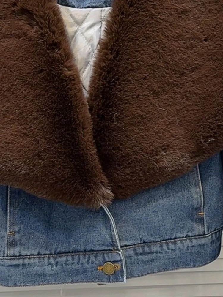 خمر أنيقة فو الفراء طوق قصيرة الدنيم سترة المرأة سليم صالح شتاء دافئ معطف مبطّن كول الشارع الشهير Y2K موضة ملابس خارجية