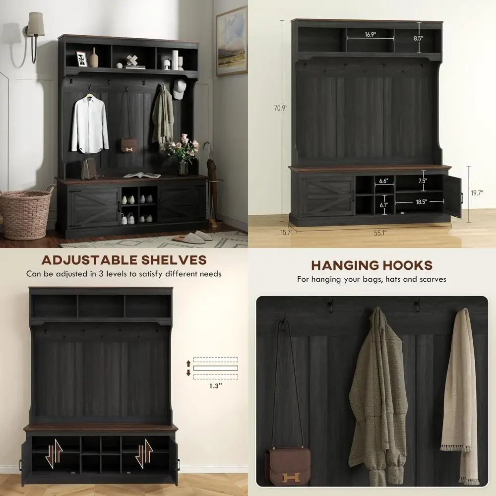 رف معطف المدخل على طراز المزرعة مع مقعد وتخزين، رف أحذية قائم بـ 7 خطافات لغرفة الطين، شجرة قاعة خشبية سوداء