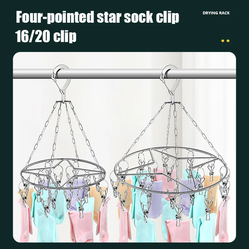 Sock Drying Rack with 20 Pegs Stainless Steel Sock Hanging Rack Swivel Wind-proof Laundry Drip Hanger Foldable Sock Hanger