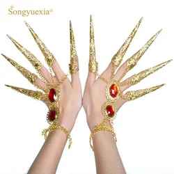 Songyuexia Belly Dance Fingernai Wrap Cover India Dance Red Nail Wrap Golden Long Nails Dance Jacket Belly Dance Fingernai Cover