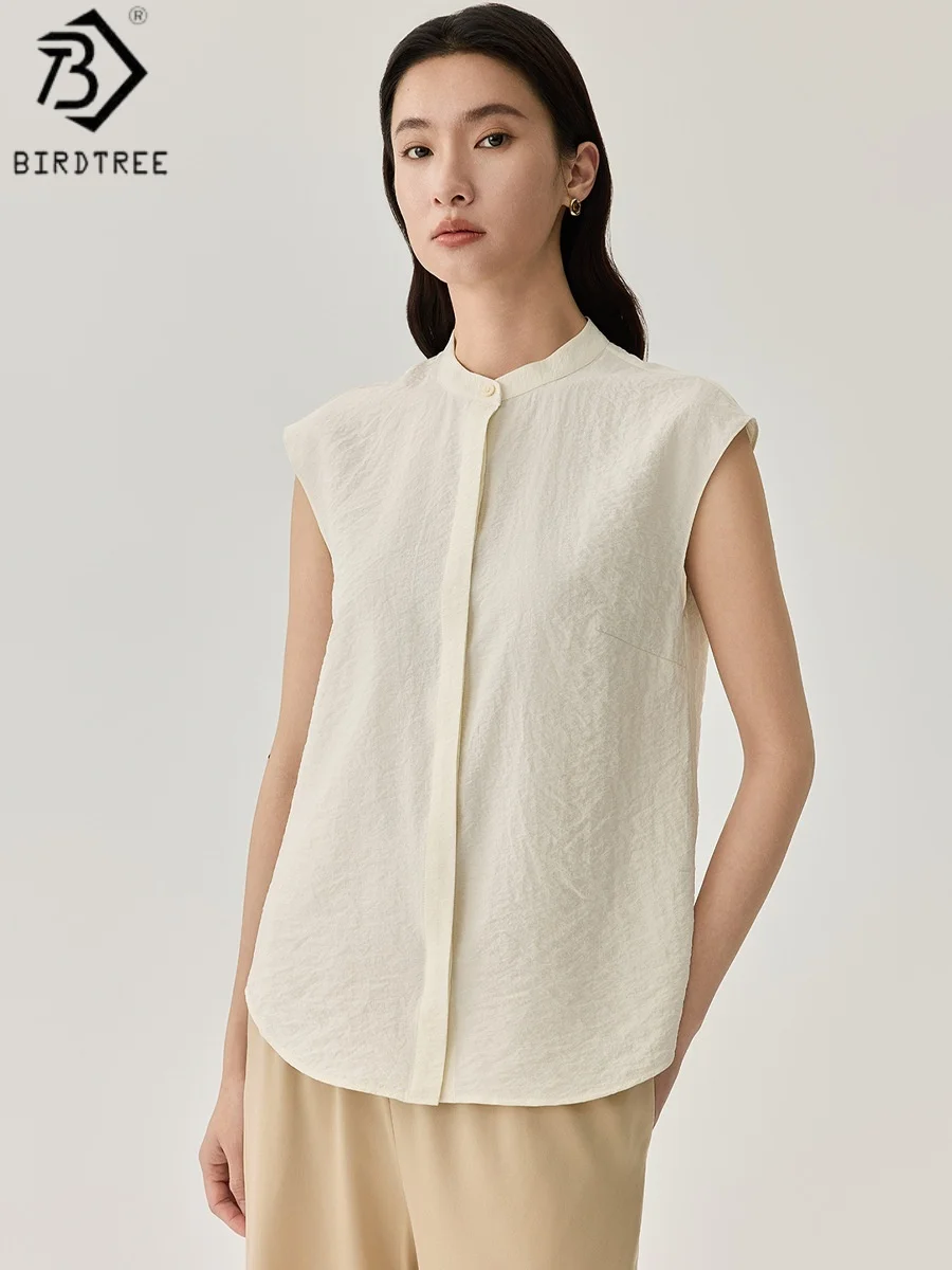 

Birdtree, 80% Silk 20% Nylon T shirt, O-neck Soft Basics Tops, Women Sleeveless Shirt, Single Breasted, 2026 Spring New T62225JF
