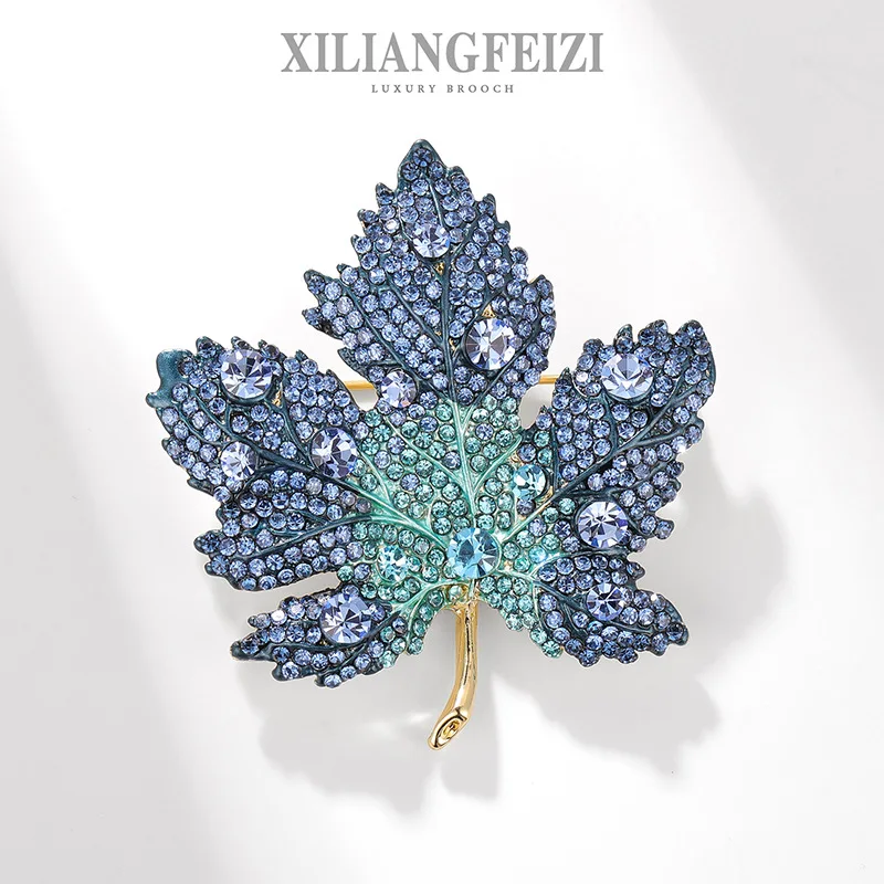 Luxury Heavy-duty Full-diamond Blue Maple Leaf Brooch, Diamond-studded Suit and Coat Accessory, Corsage Gift Pin