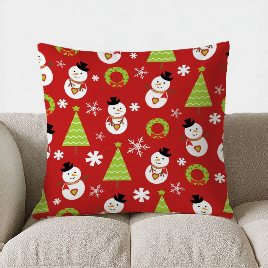 Christmas Snowman & Tree Pattern throw pillow cover with short plush print for living room sofa decoration cushion cover