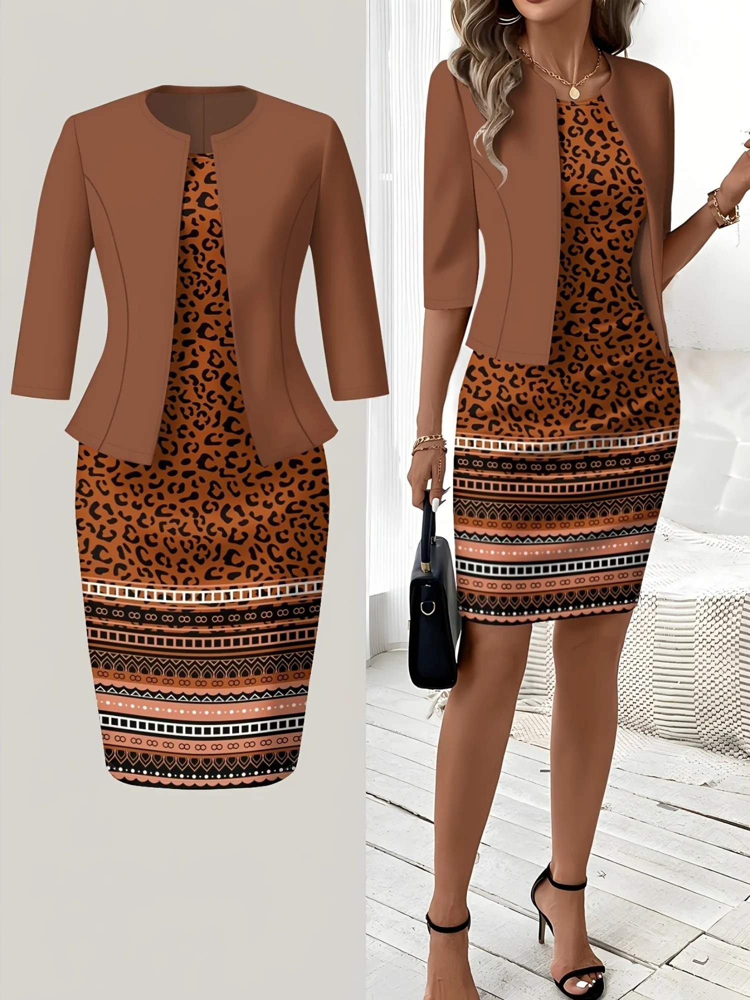 Print Design Casual Style Leopard Ethnic Horizontal Stripe Print Round Neck Sleeveless Dress Set