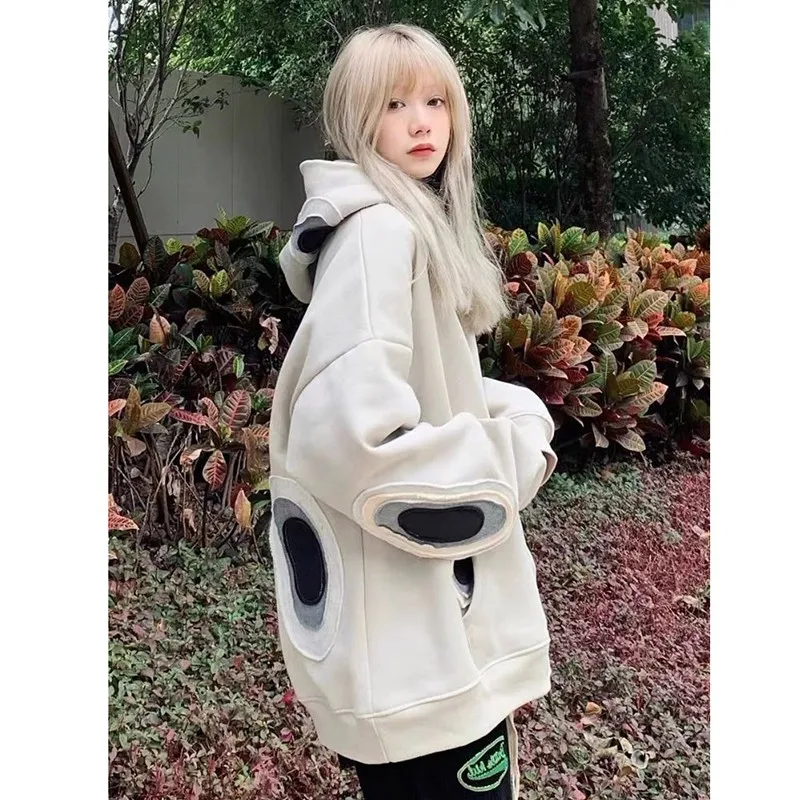 

2023 New Arrival Autumn Winter Women Loose Casual Polka Dot Patchwork Pullovers European Style Hooded Collar Sweatshirt D578