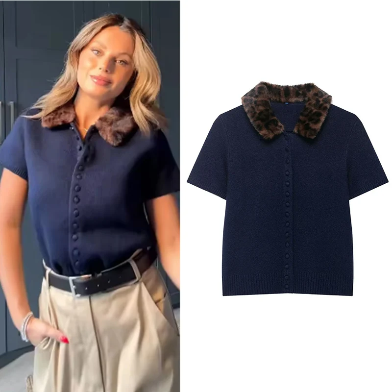 

Women's Jacket 2025 New Autumn Fashion Darkblue Detachable Animal Print Neckline Knitted Jacket for Women Casual Chic Ladies Top