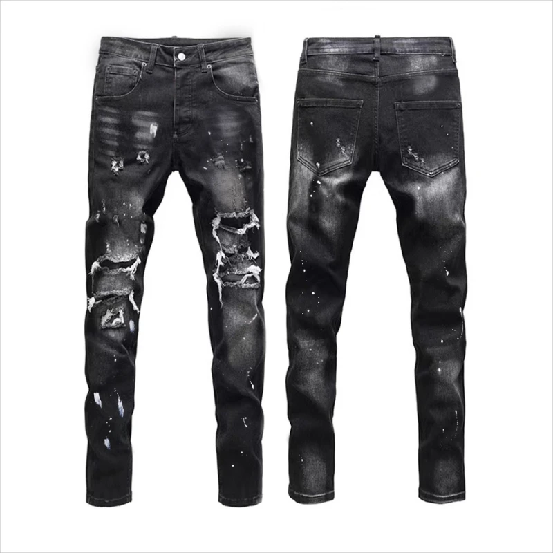Vintage Washed Distressed Denim Jeans Men Paint Splatter Ripped Slim Fit Biker Trousers Street Style Hip Hop Pants for Guys