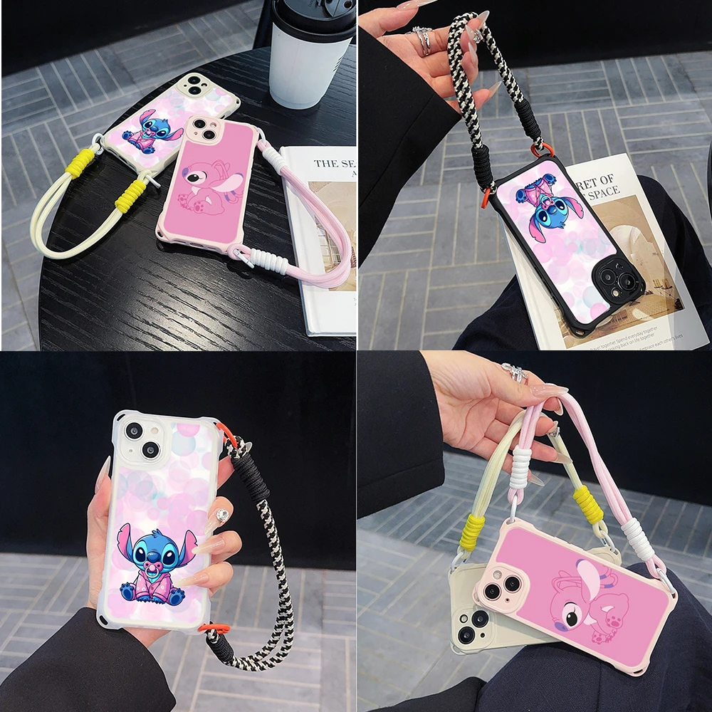 for iPhone 16 15 14 13 12 11 Pro Max Soft Phone Case Four corners anti-drop With Lanyard Rope SS37 Disney Stitch Angel