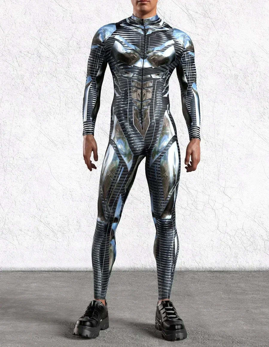 

Zawaland Halloween Men Punk Costume Iron Fighter Cosplay Bodysuit Festival Spandex Zentai Catsuit Stage Performance Party Outfit