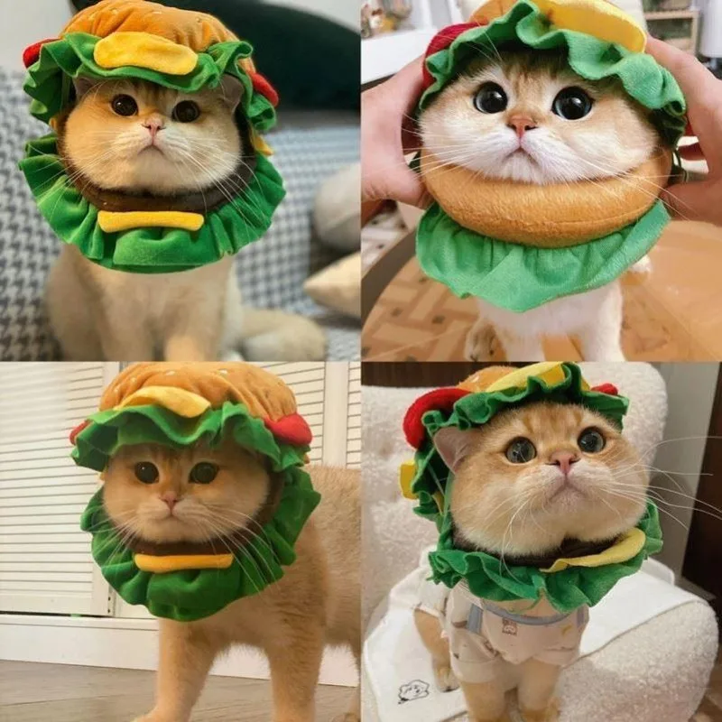 

Cute Cat Burger Headgear Funny Pet Hat Creative Dog Clothes Photography Props Pets Clothing Christmas Party Decoration Gifts