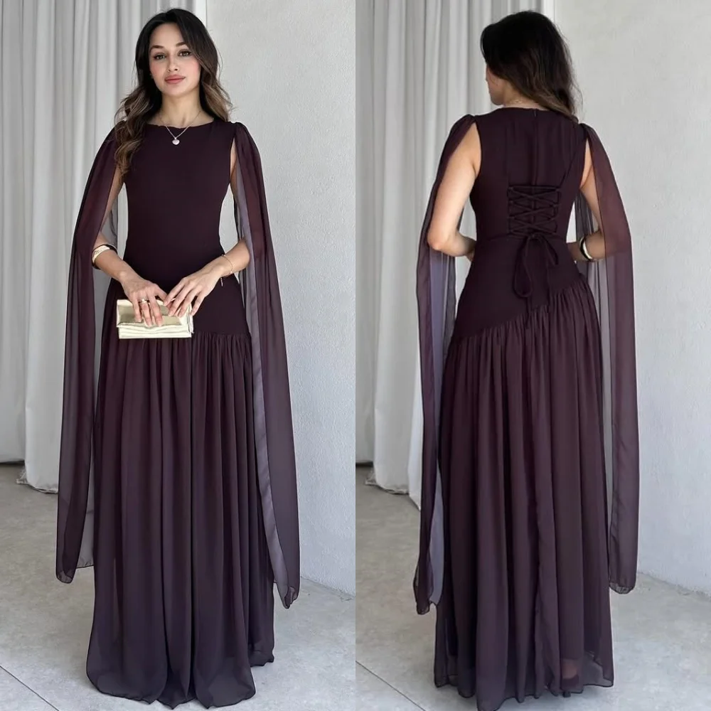 

Customized High Quality Simple Chiffon Ruched Pleat Straight Scoop Neck Long Dresses Bespoke Occasion Dresses Matching Formal