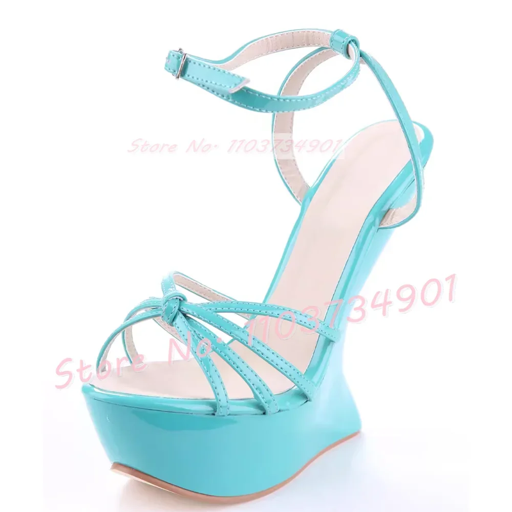 Platform Cage Strange Style Sandals Women Open Toe High Heels Ankle Buckle Strap Shoes Sexy Elegant Party Blue Patent Sandals